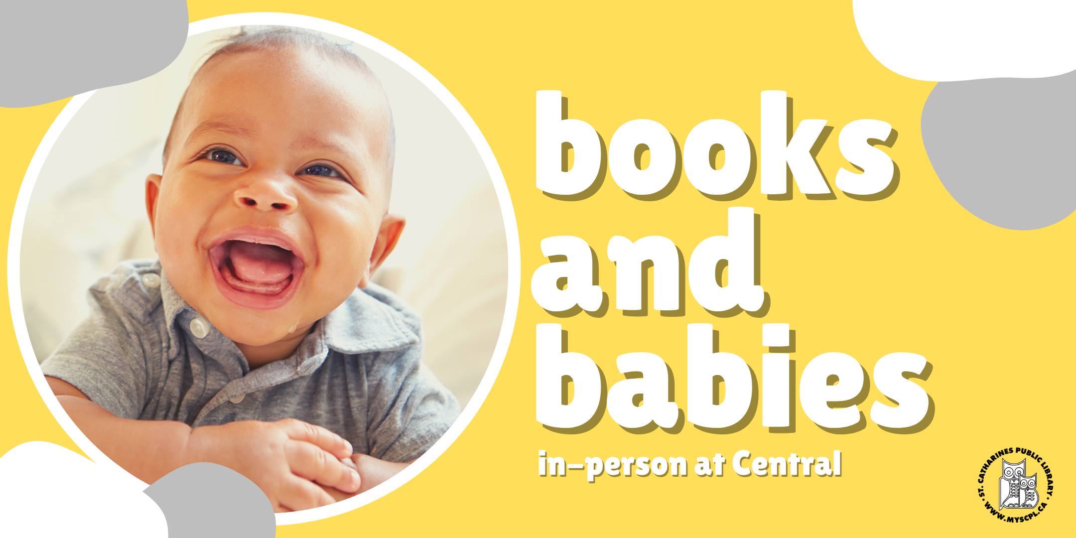 yellow banner with baby image "Books & Babies at Central"
