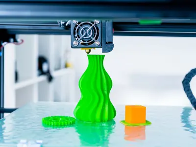 A 3D printer prints a vase-shaped object using lime green filament.