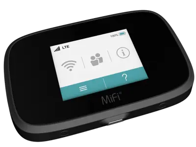 Black mobile hotspot device with digital screen.