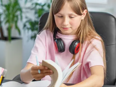 A preteen girl thumbing through a book.