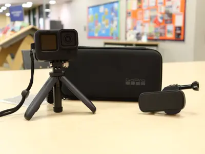 GoPro kit sitting on a library table.