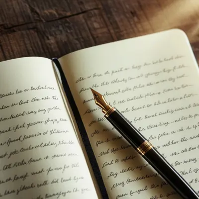 A fountain pen sitting atop a journal full of cursive writing.