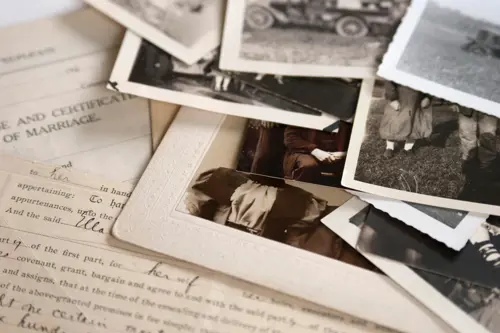 A pile of old photographs and handwritten letters.