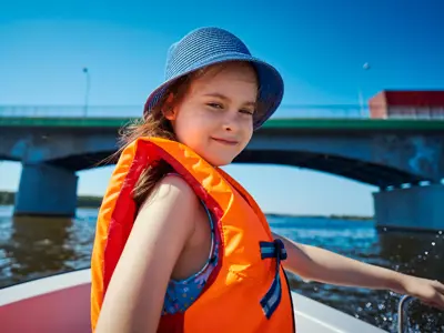 A child sitting in a boat wearing a bright orange life vest looking at the camera.