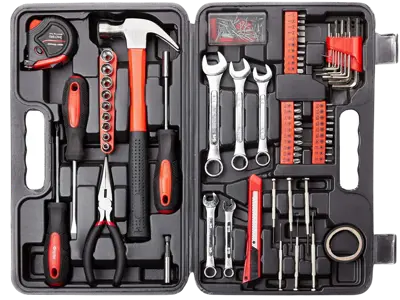 Red and black tool set in storage container. 