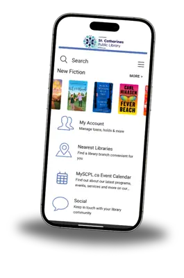 A phone on a white background displaying the homepage of the library's app.