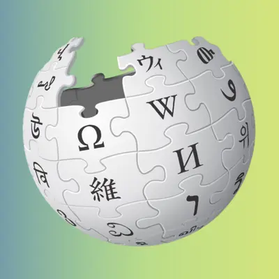 The Wikipedia globe logo on a blue and green gradient background.