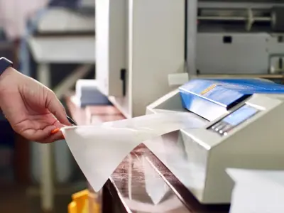 A hand feeds a laminate sheet into a laminating machine. 