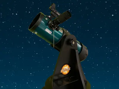 A dark green tabletop telescope on a night sky background.