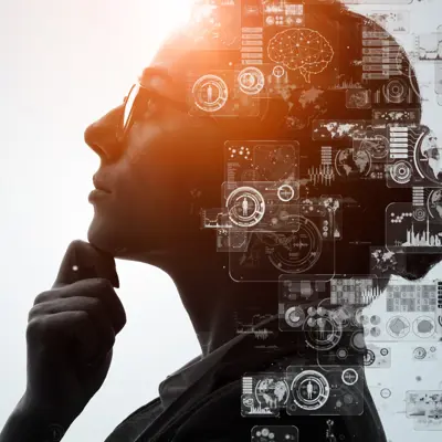 A futuristic image of a woman's thinking profile with several tech-themed icons in front of her.