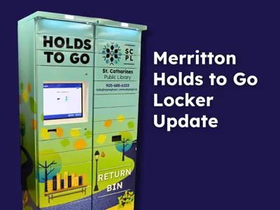 The book locker with the text "Merritton Holds to Go Locker Update" on a navy blue background.