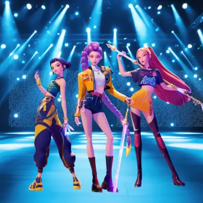 The characters of Kpop Demon Hunters standing on a stage.