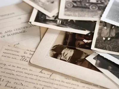 A pile of vintage photographs atop a historic document.